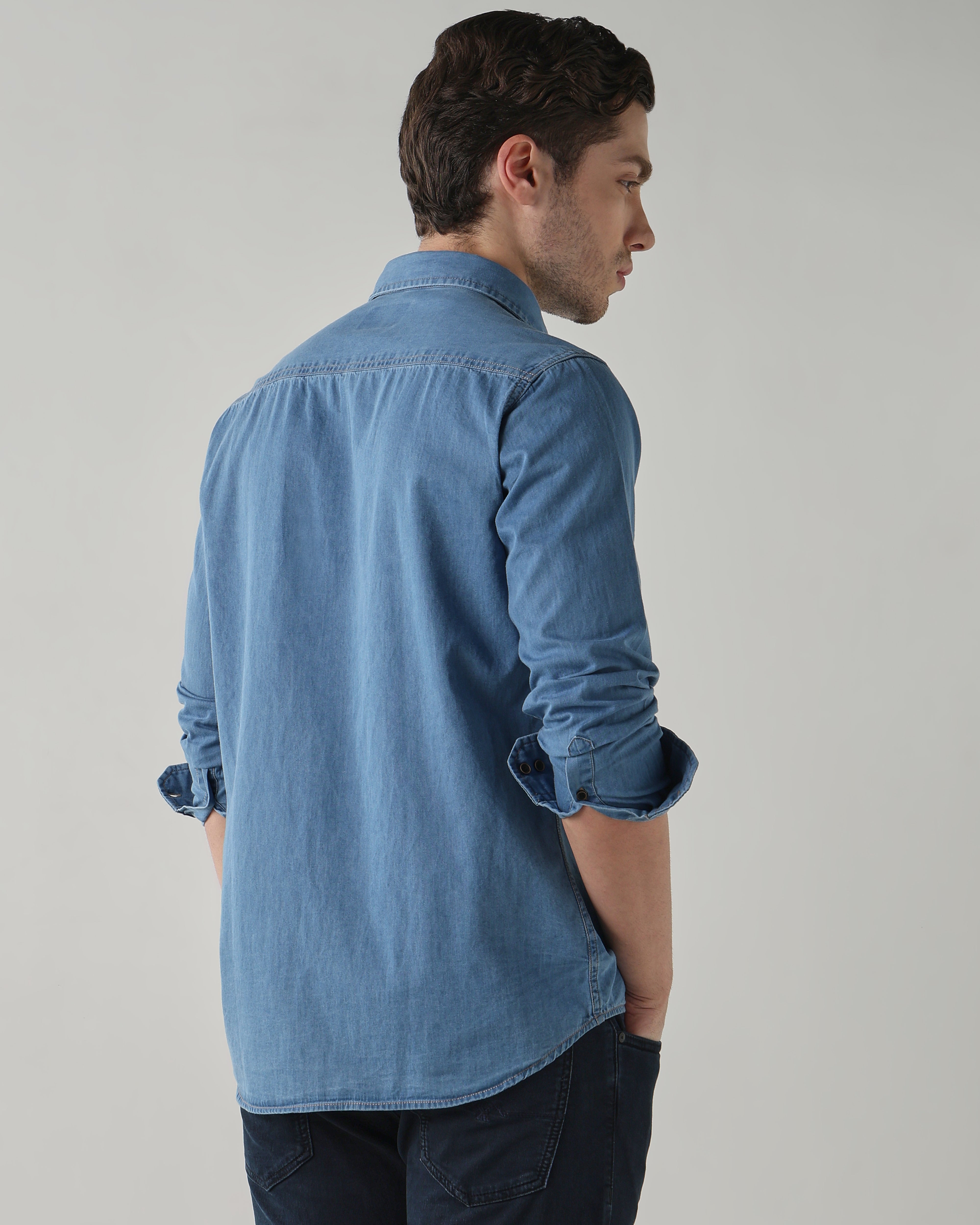 Men Slim Fit Denim Shirt - Light Blue