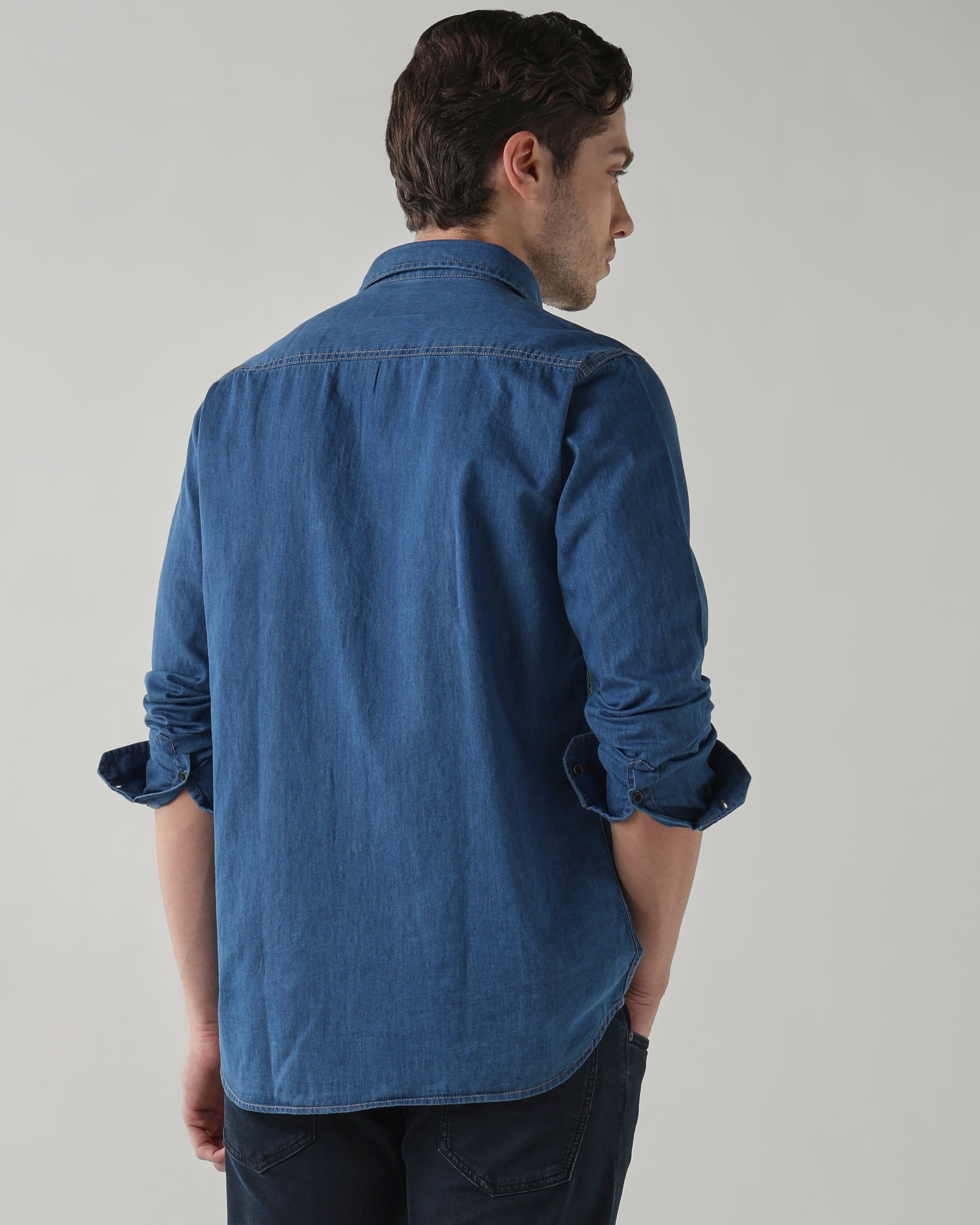 Men Slim Fit Denim Shirt - Medium Blue