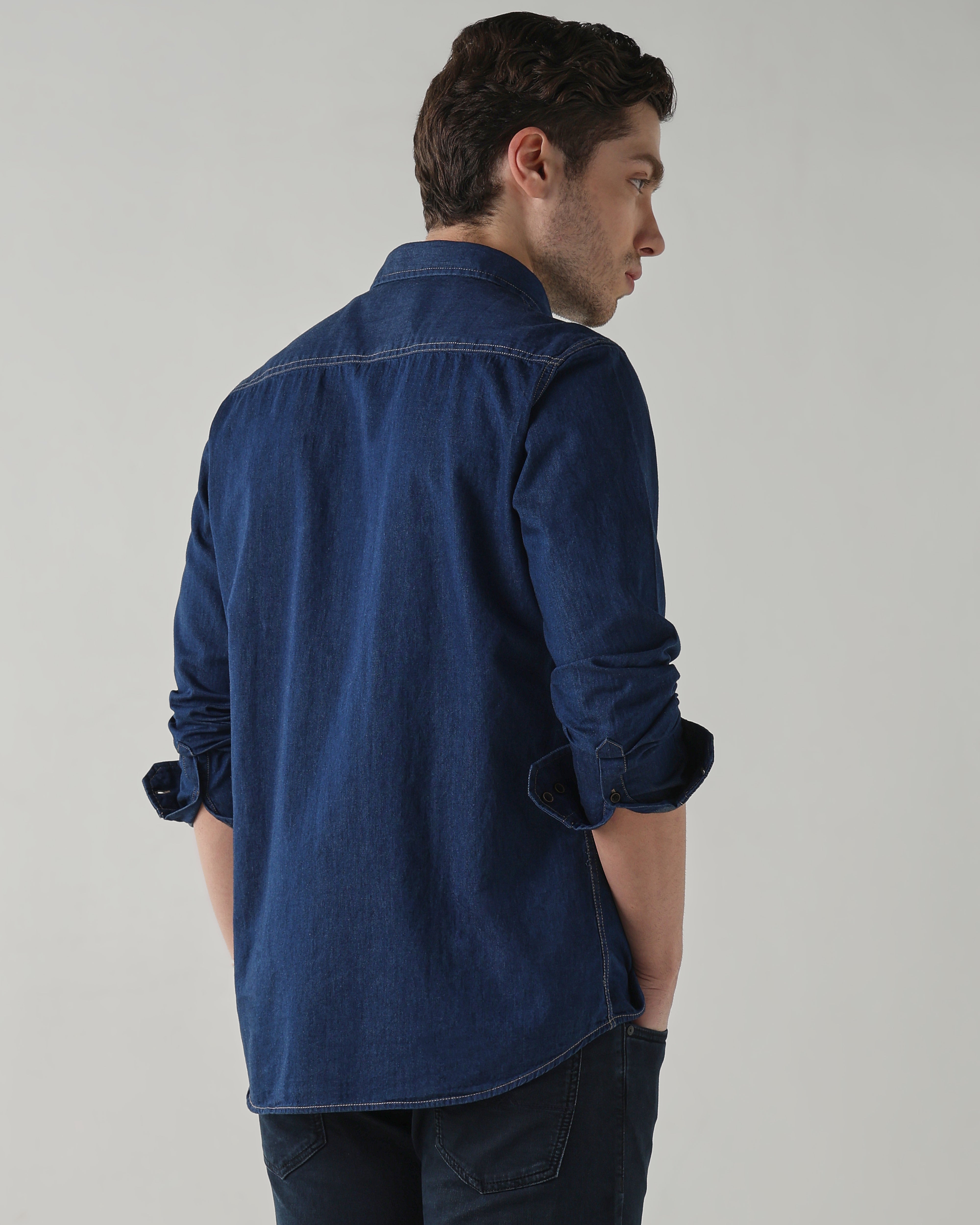 Men Slim Fit Denim Shirt - Dark Blue