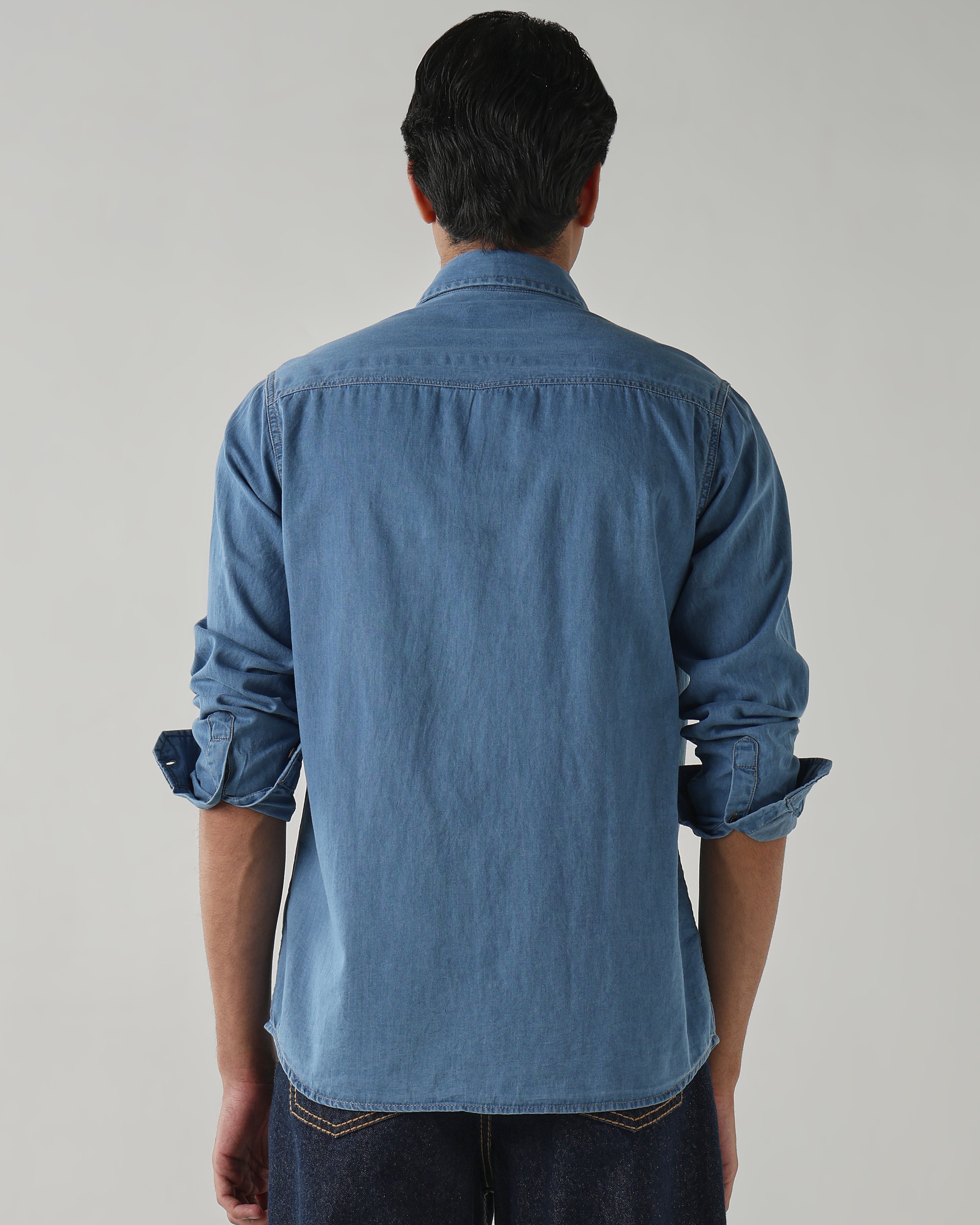 Men Slim Fit Denim Shirt- Light Blue