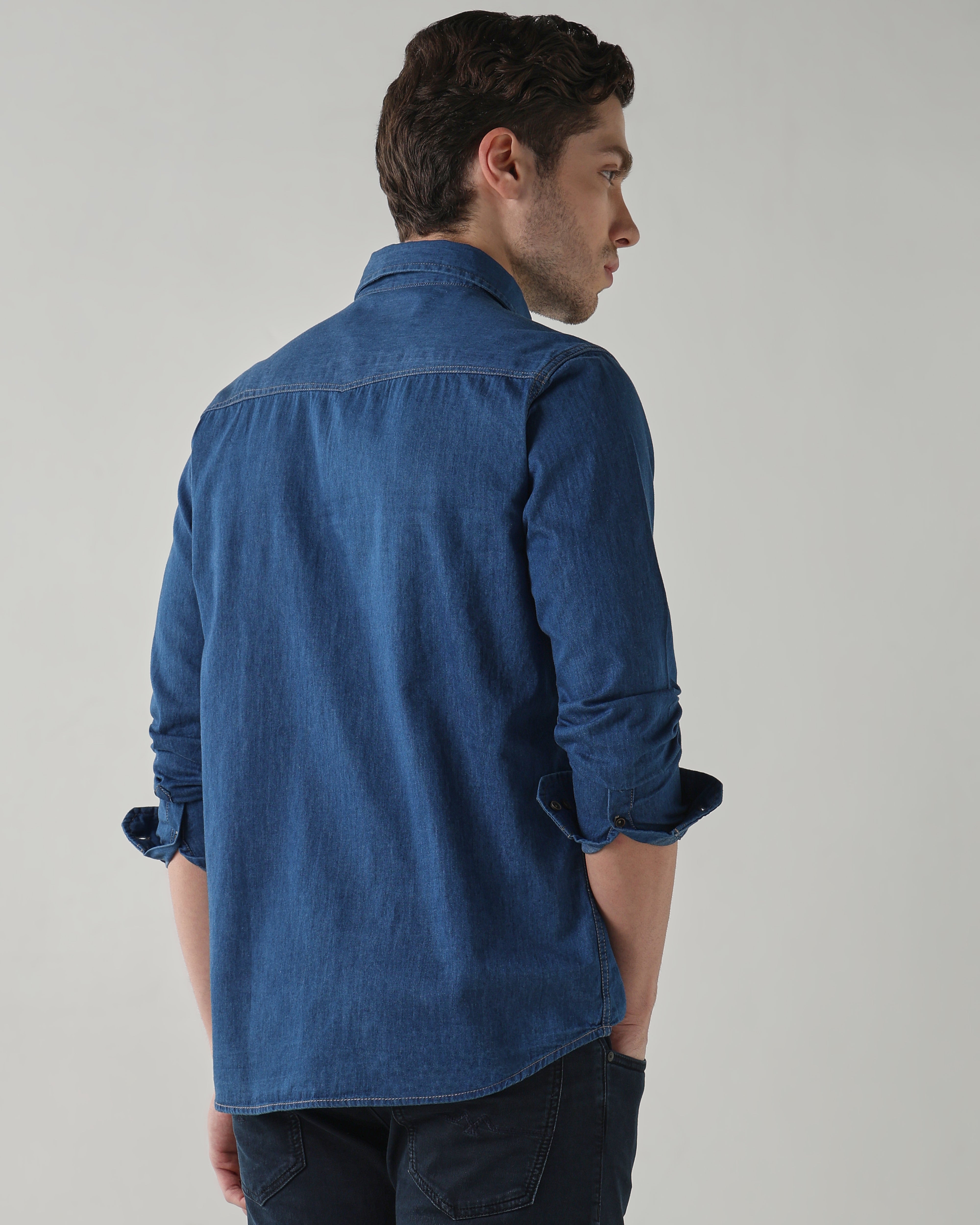 Men Slim Fit Denim Shirt - Medium Blue
