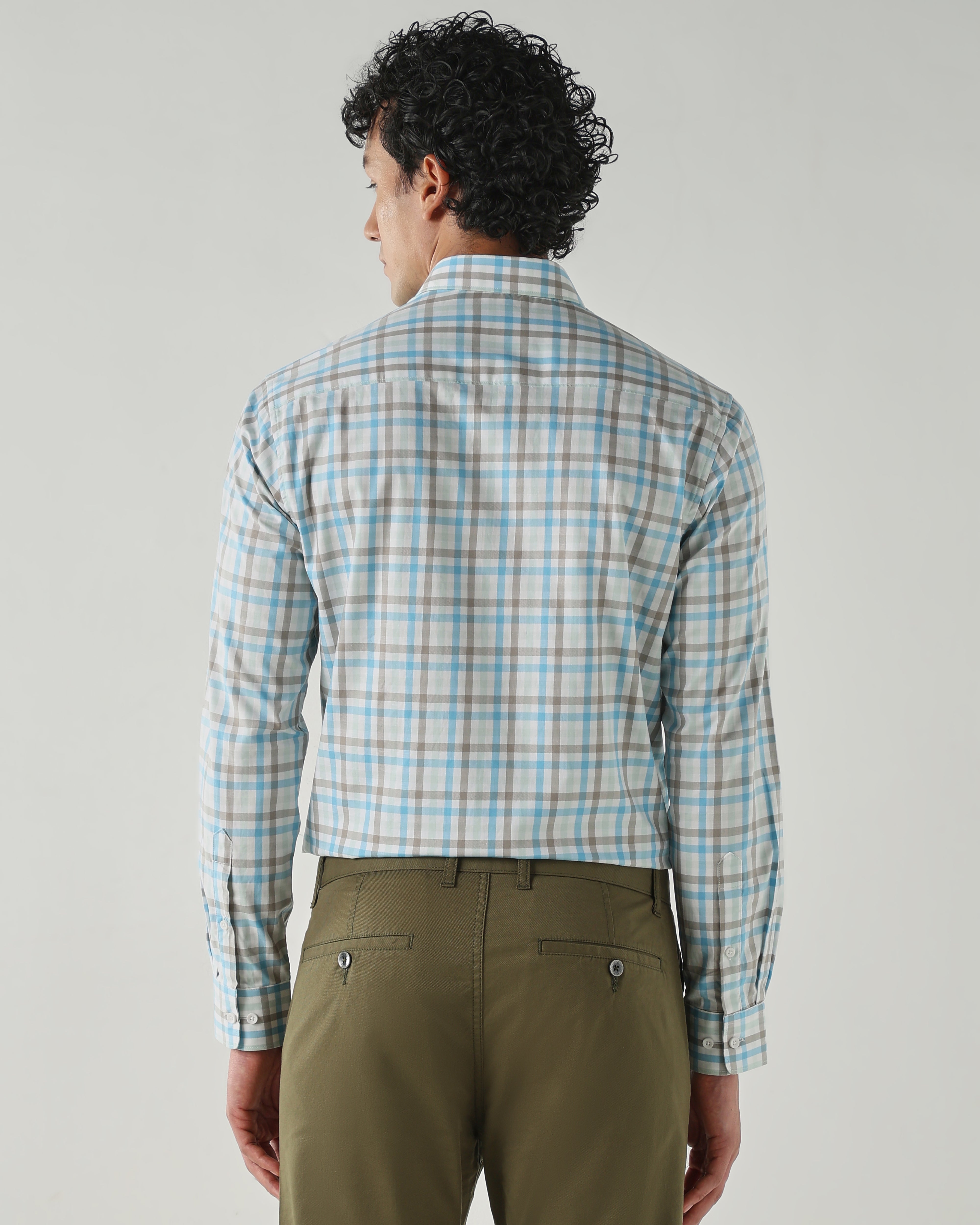 Men Slim Fit Shirts Aqua/Green/Brown