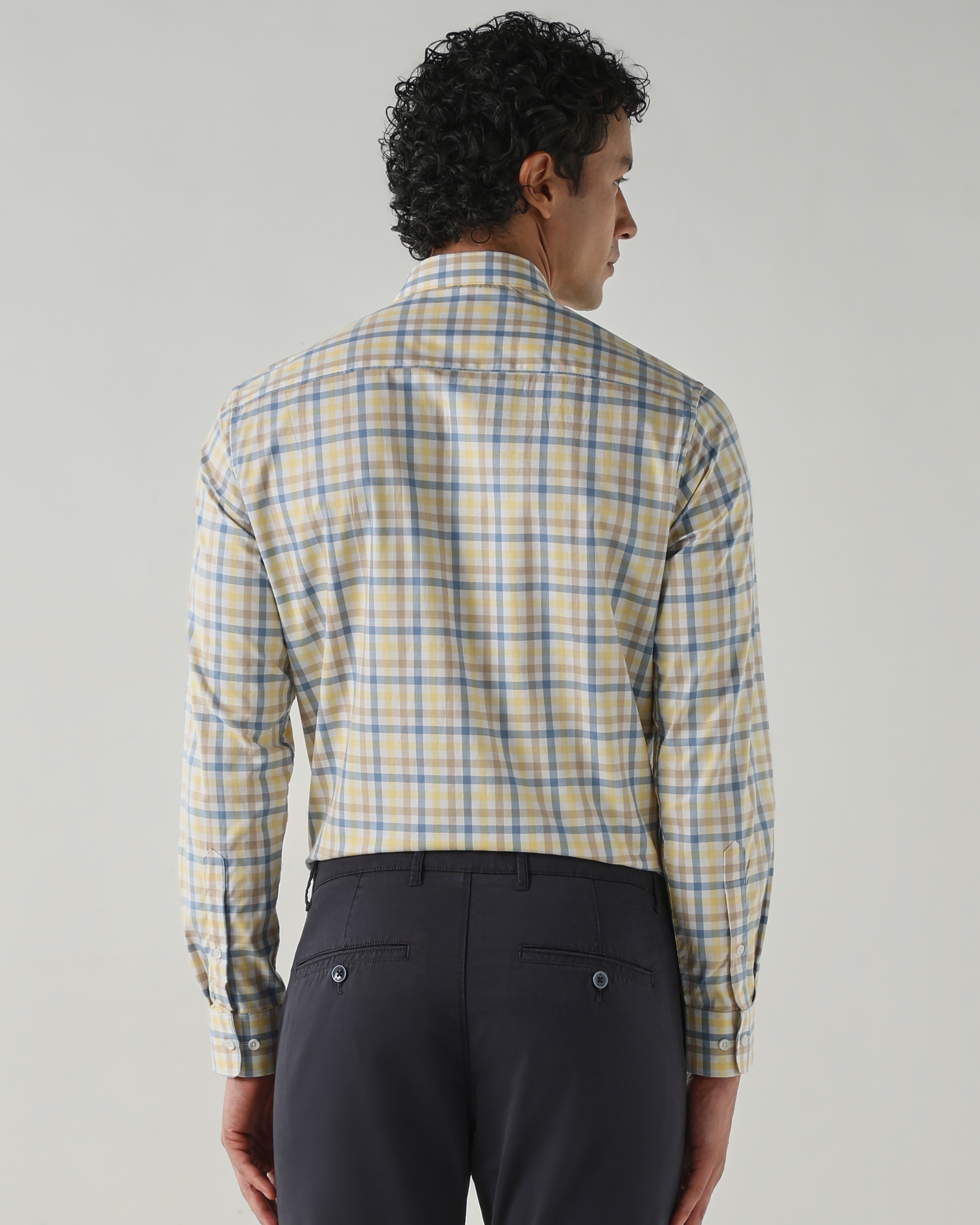 Men Slim Fit Shirts Yellow/Blue/Brown