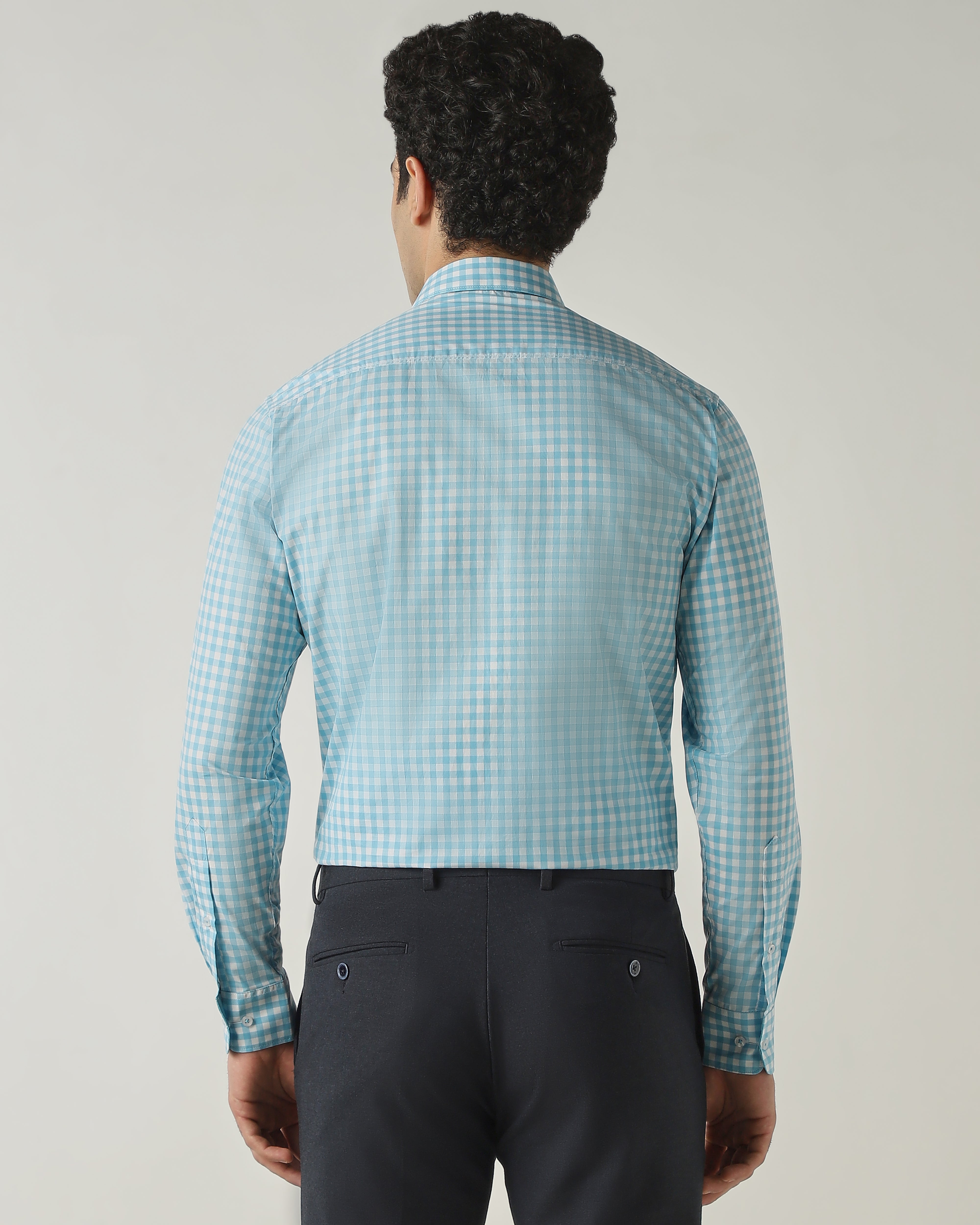 Shirt Aqua/White Slim Fit 100% Cotton