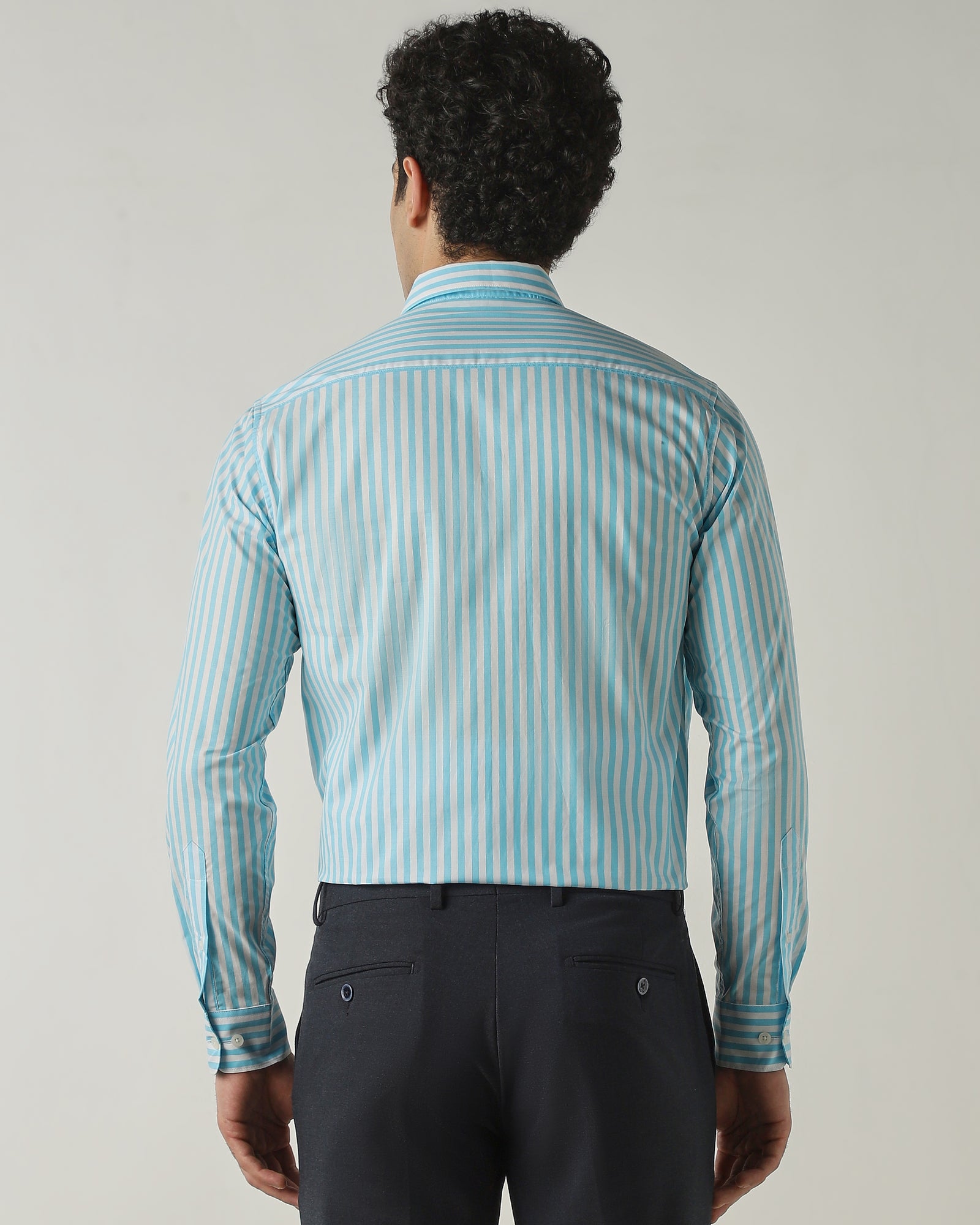 Shirt Aqua/White Slim Fit 100% Cotton