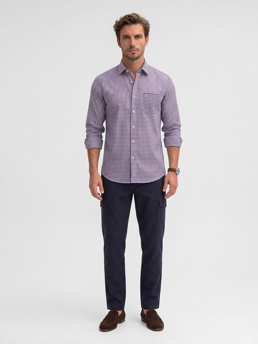 Men's Pure Cotton Checks Regular Fit Full Sleeve Casual Shirt - Purple
