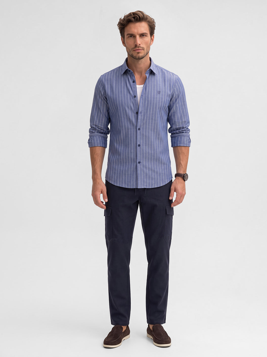 Men's Pure Cotton Stripes Slim Fit Full Sleeve Casual Shirt - Blue