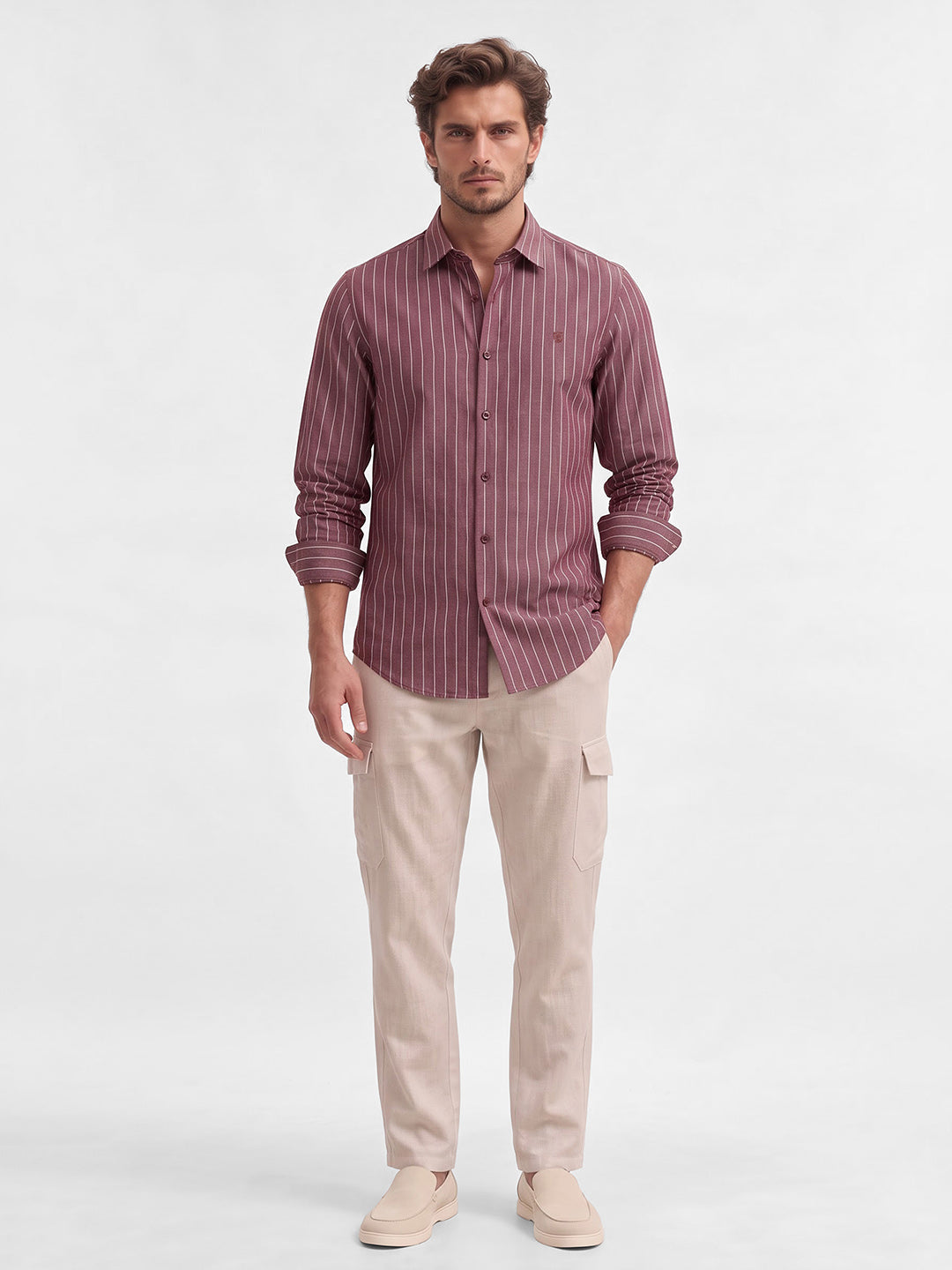 Men's Pure Cotton Stripes Slim Fit Full Sleeve Casual Shirt - Red
