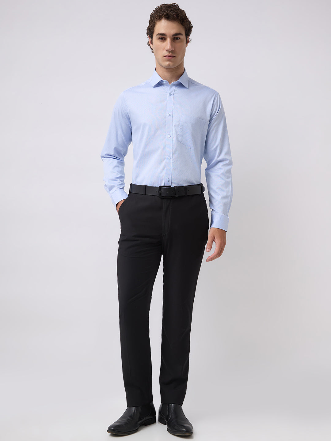 Men's Pure Cotton Dobby Solid Regular Fit Full Sleeve Formal Shirt - Blue