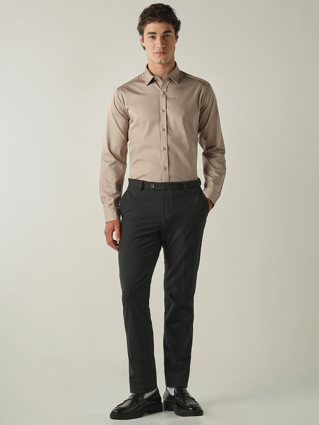 Men's Cotton Stretch Solid Slim Fit Full Sleeve Casual Shirt - Beige