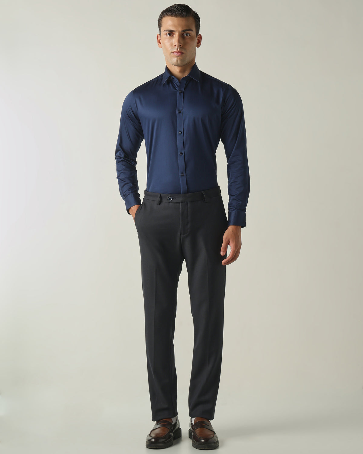 Men's Cotton Elastane Solid Slim Fit Full Sleeve Formal Shirt - Blue