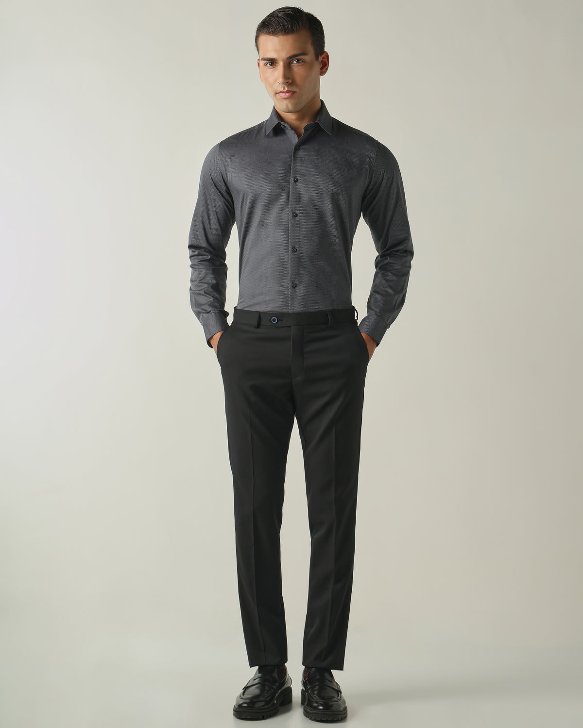 Men's Pure Cotton Dobby Solid Slim Fit Full Sleeve Formal Shirt - Grey