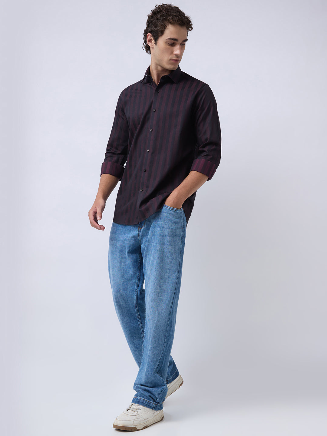 Men's Pure Cotton Stripes Slim Fit Full Sleeve Casual Shirt - Maroon
