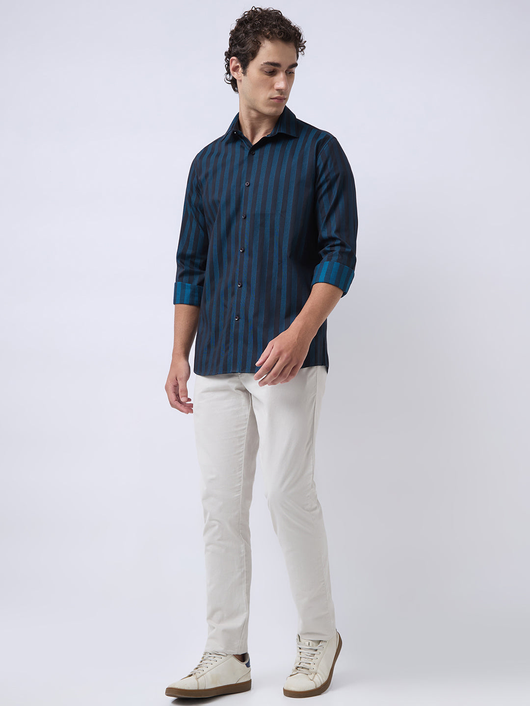Men's Pure Cotton Stripes Slim Fit Full Sleeve Casual Shirt - Teal