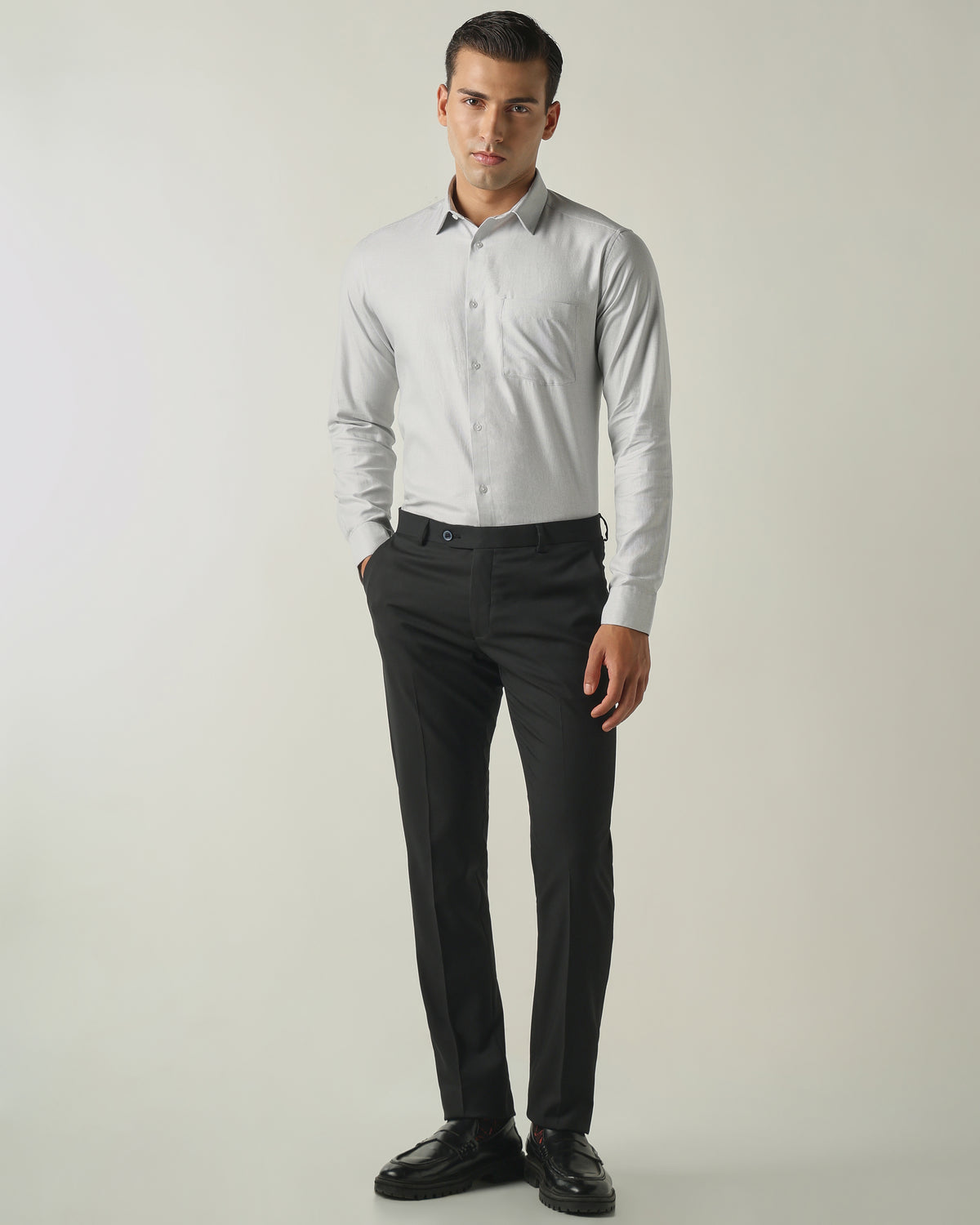 Men's Pure Cotton Dobby Solid Regular Fit Full Sleeve Formal Shirt - Grey