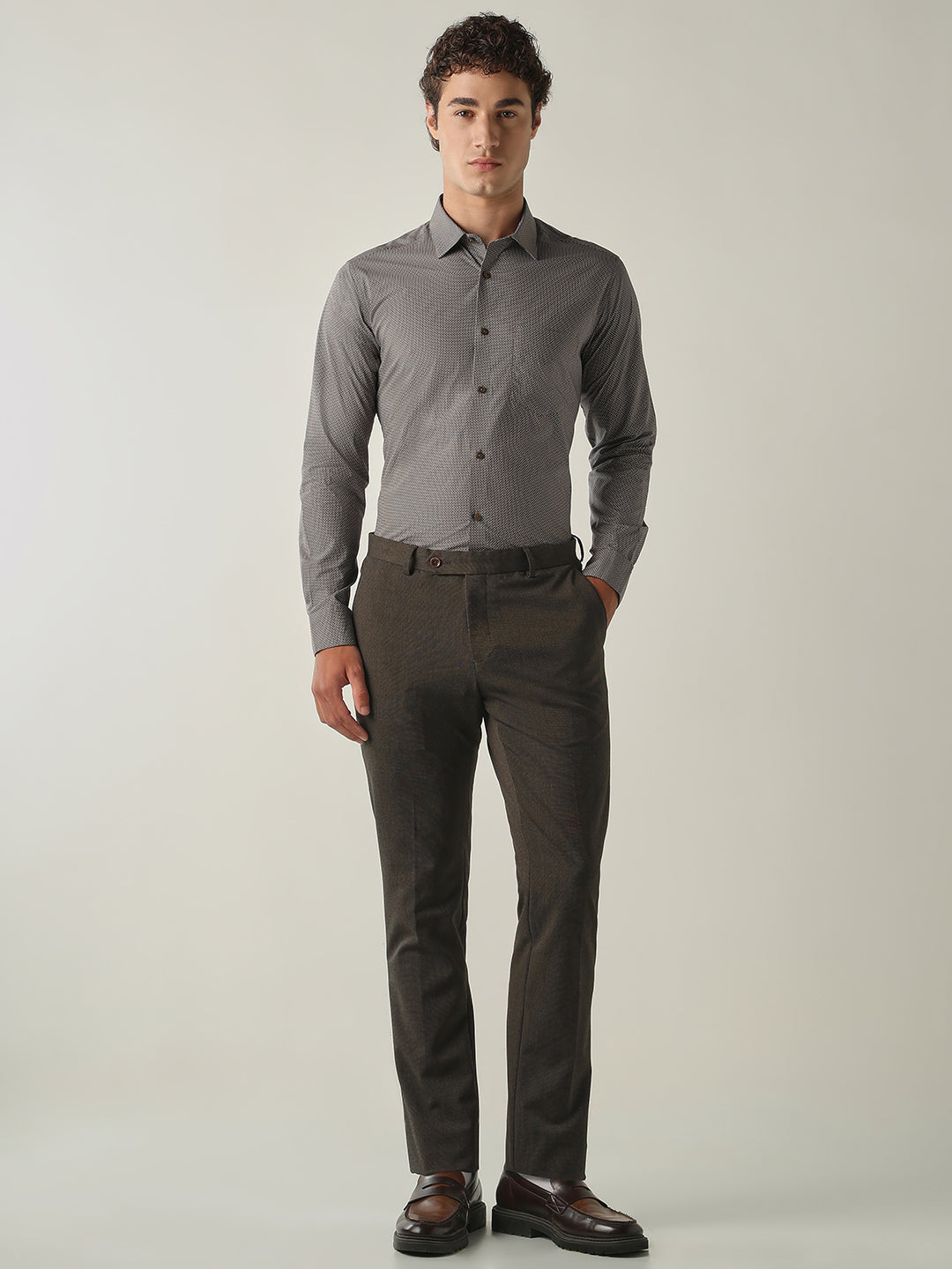 Men's Pure Cotton Printed Slim Fit Full Sleeve Formal Shirt - Brown