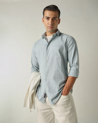 Men's Cotton Linen Checks Slim Fit Full Sleeve Casual Shirt - Blue