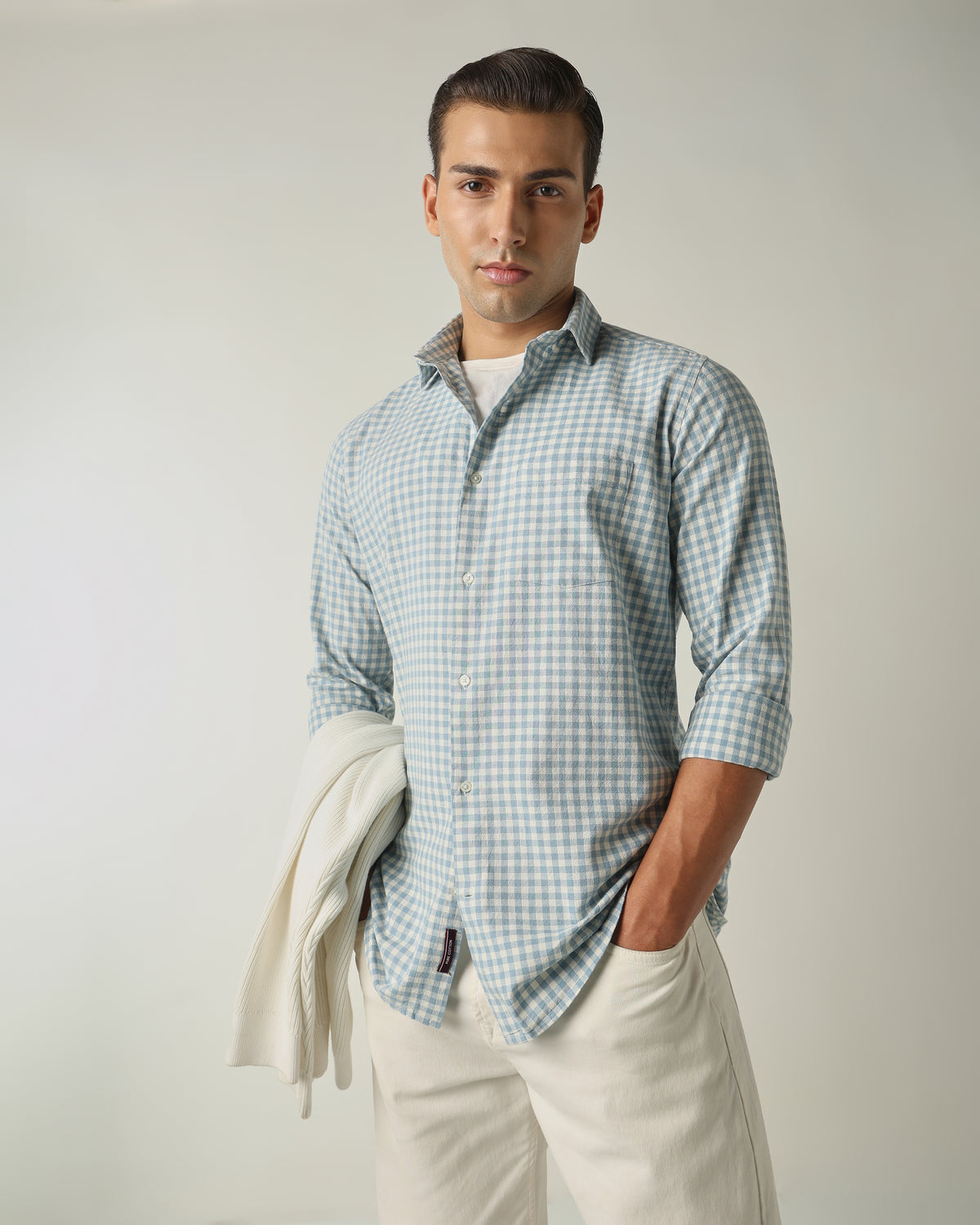 Men's Cotton Linen Checks Slim Fit Full Sleeve Casual Shirt - Blue