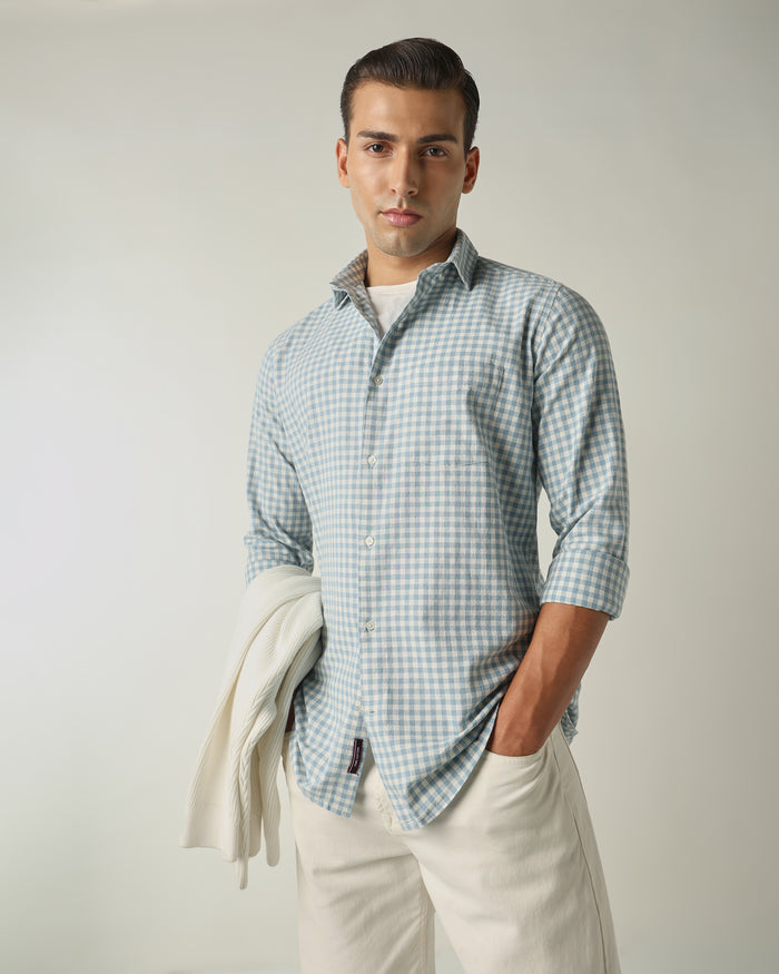 Men's Cotton Linen Checks Slim Fit Full Sleeve Casual Shirt - Blue