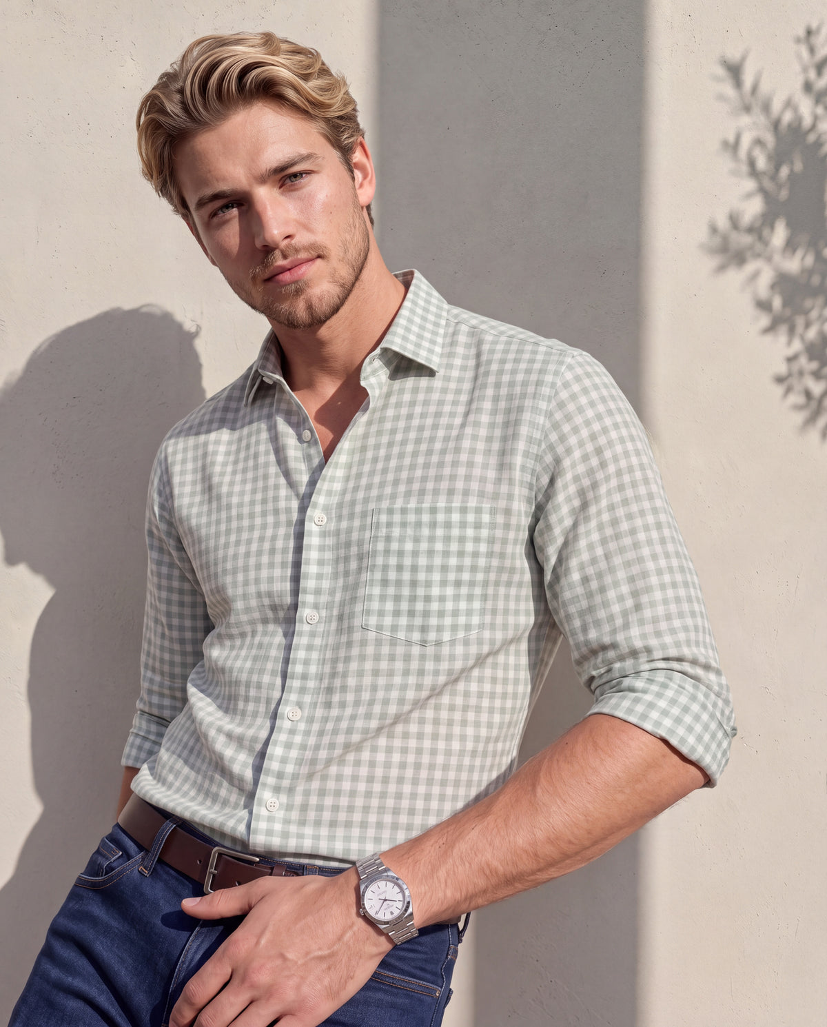 Men's Cotton Linen Checks Slim Fit Full Sleeve Casual Shirt - Green