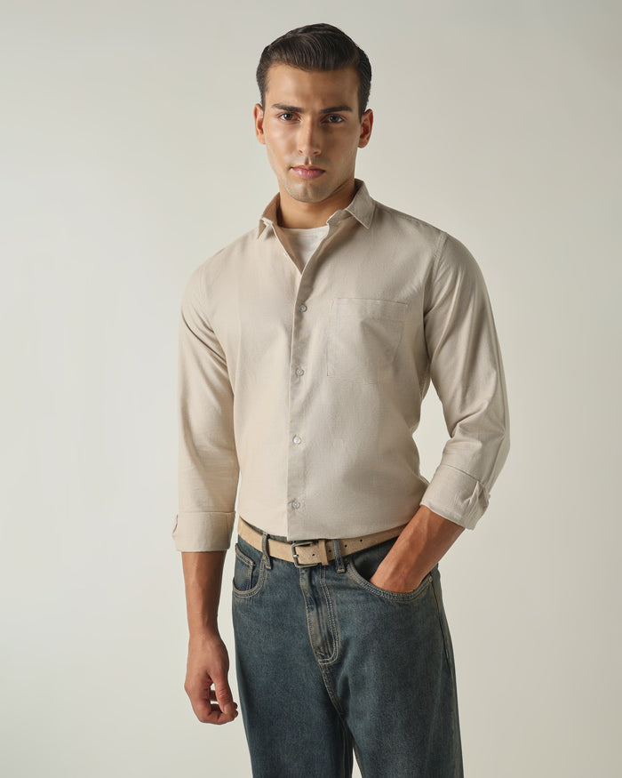 Men's Pure Cotton Houndstooth Checks Slim Fit Full Sleeve Casual Shirt - Beige