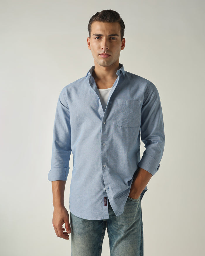 Men's Pure Cotton Houndstooth Checks Slim Fit Full Sleeve Casual Shirt - Blue