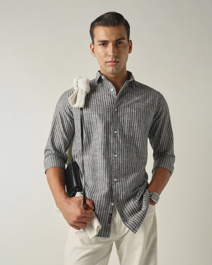 Men's Pure Cotton Stripes Slim Fit Full Sleeve Casual Shirt - Black