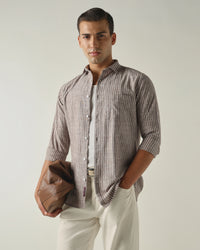 Men's Pure Cotton Stripes Slim Fit Full Sleeve Casual Shirt - Brown