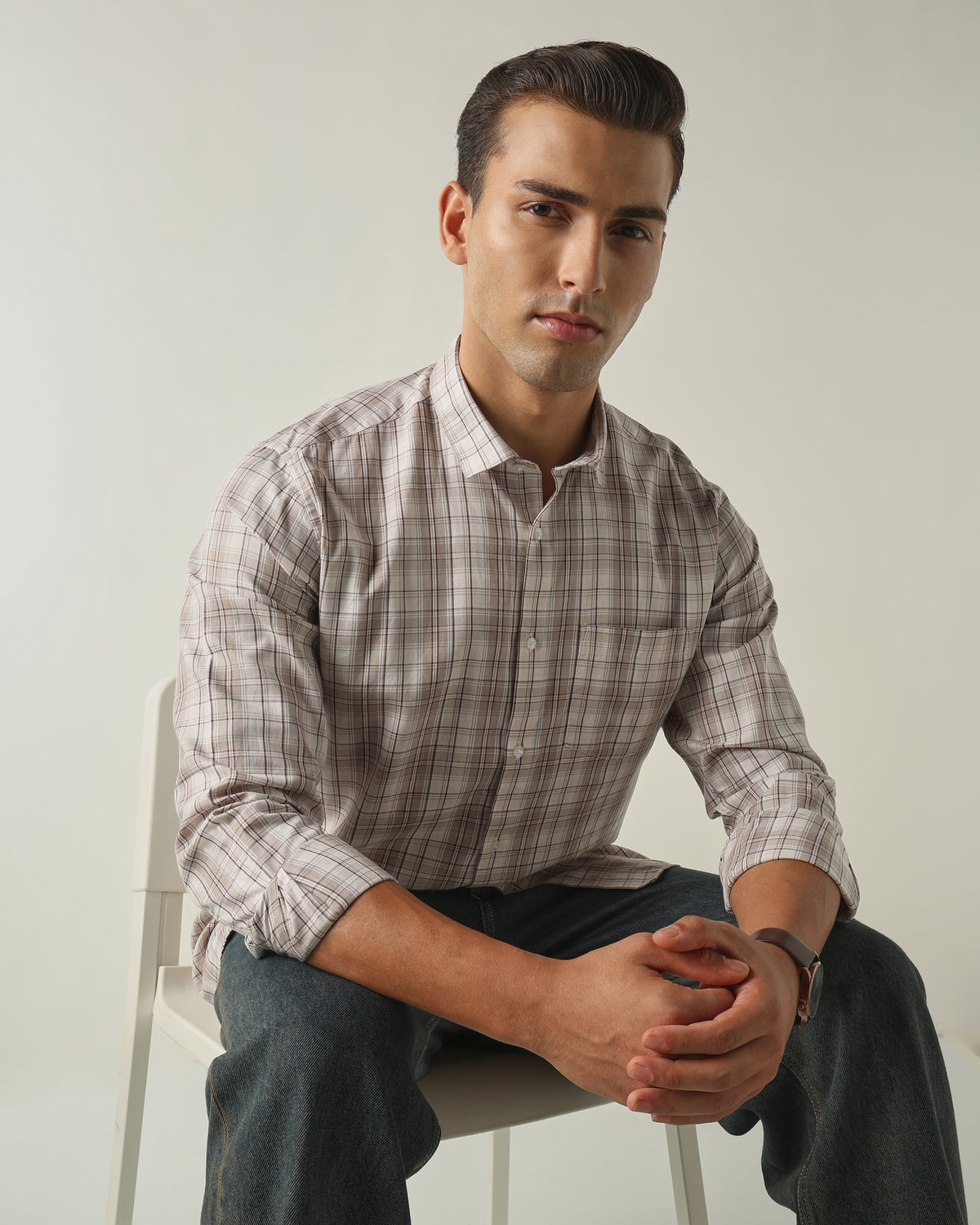 Men's Pure Cotton Checks Slim Fit Full Sleeve Casual Shirt - Beige