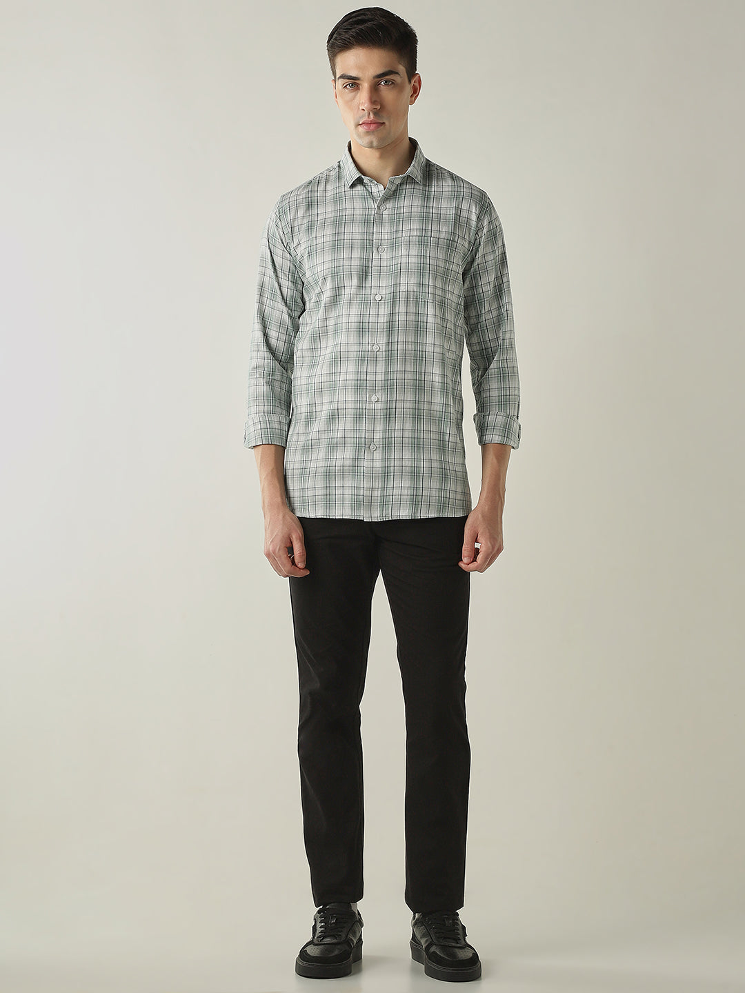 Men's Pure Cotton Checks Slim Fit Full Sleeve Casual Shirt - Green