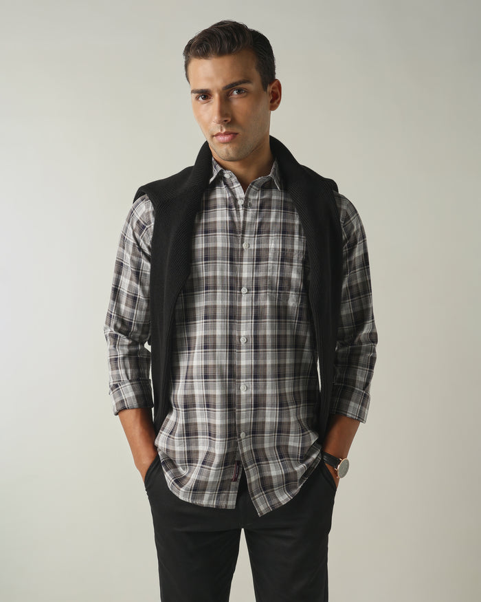 Men's Pure Cotton Checks Slim Fit Full Sleeve Casual Shirt - Beige