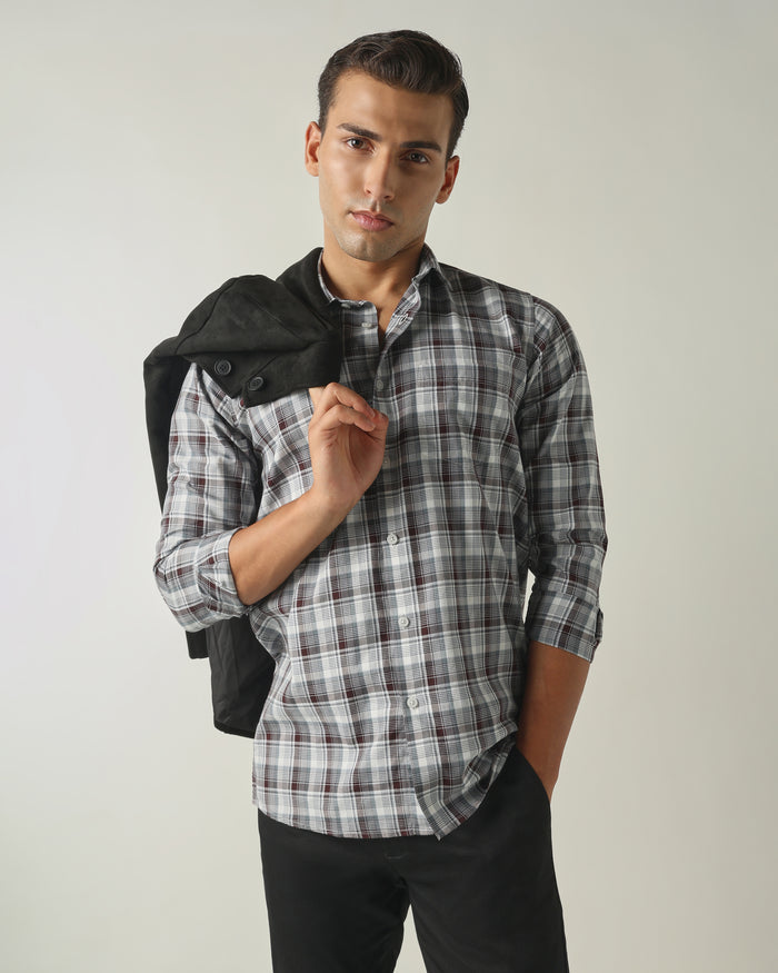 Men's Pure Cotton Checks Slim Fit Full Sleeve Casual Shirt - Grey