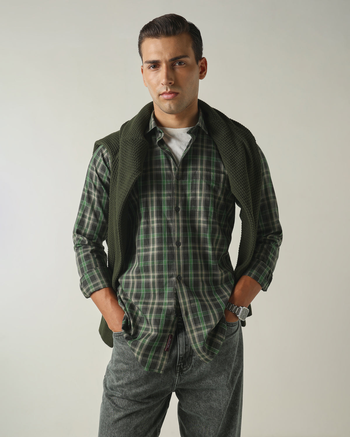 Men's Pure Cotton Checks Slim Fit Full Sleeve Casual Shirt - Green