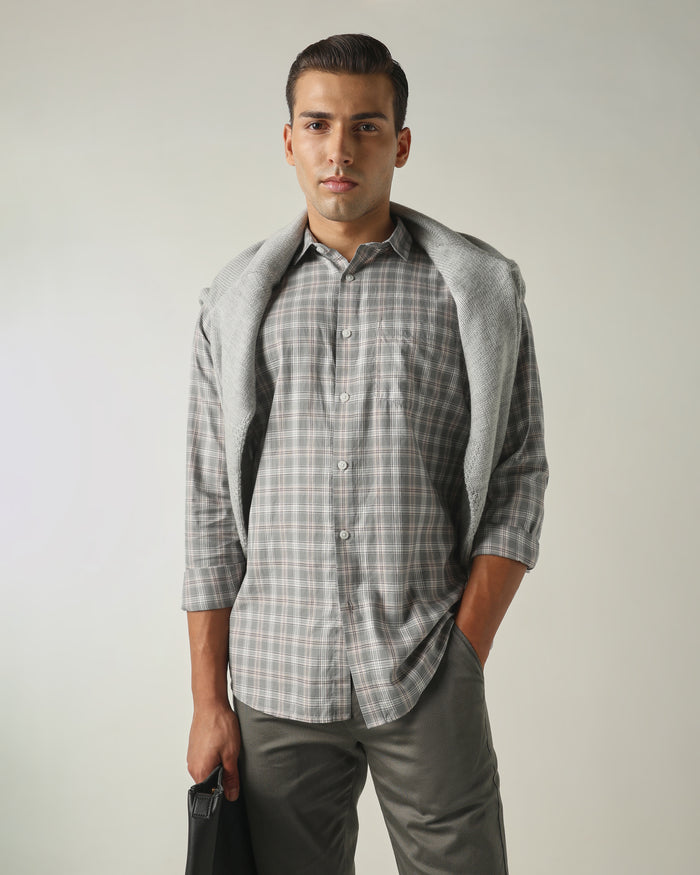 Men's Pure Cotton Checks Slim Fit Full Sleeve Casual Shirt - Grey