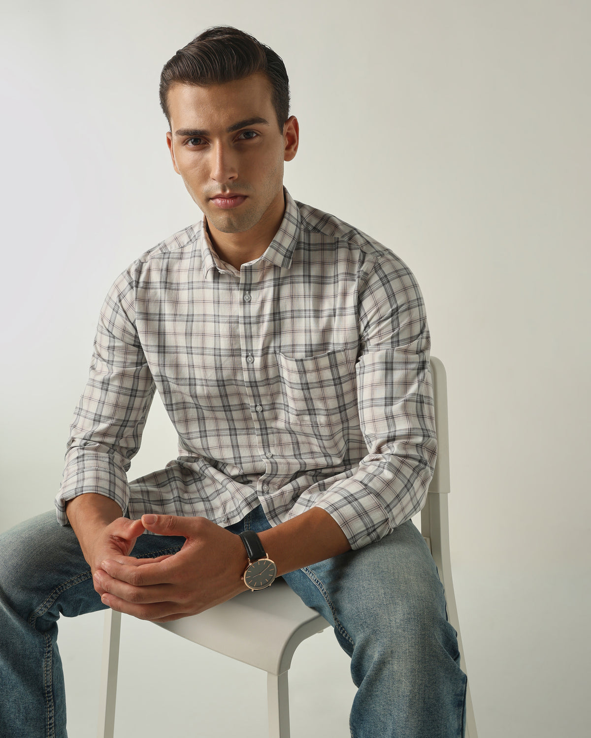 Men's Pure Cotton Checks Slim Fit Full Sleeve Casual Shirt - White