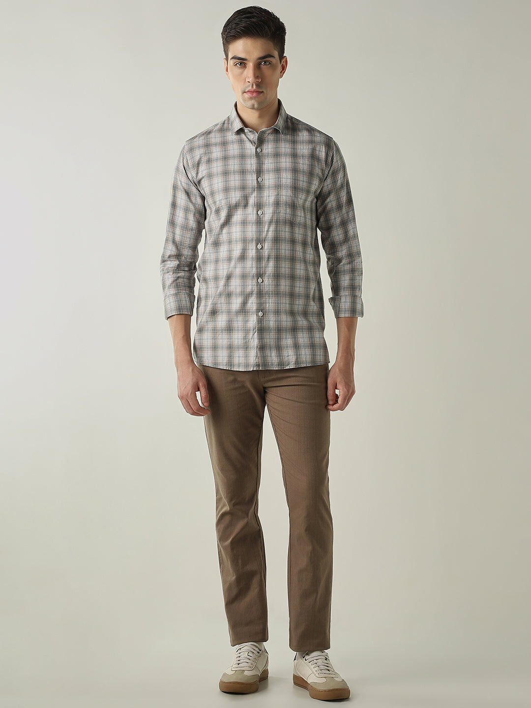 Men's Pure Cotton Checks Slim Fit Full Sleeve Casual Shirt - Beige