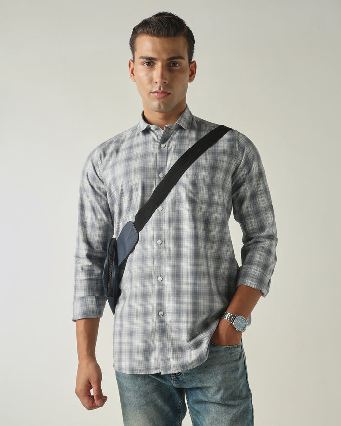 Men's Pure Cotton Checks Slim Fit Full Sleeve Casual Shirt - Grey