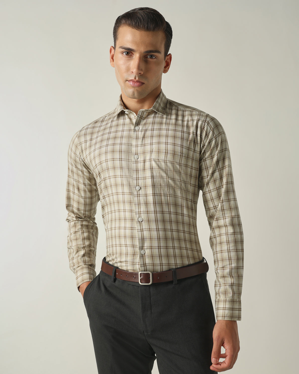Men's Pure Cotton Checks Slim Fit Full Sleeve Casual Shirt - Beige