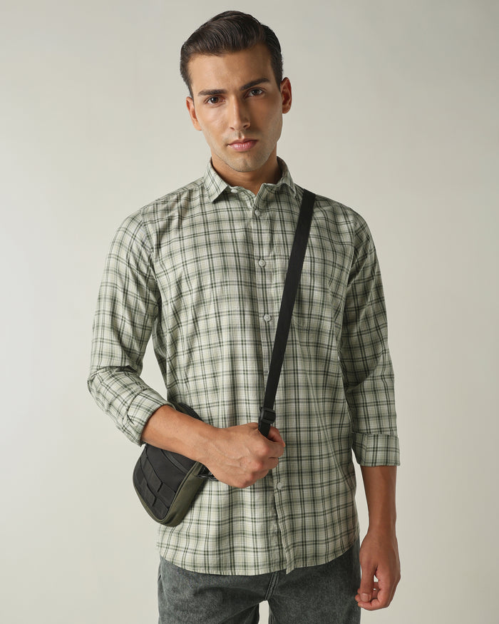 Men's Pure Cotton Checks Slim Fit Full Sleeve Casual Shirt - Green