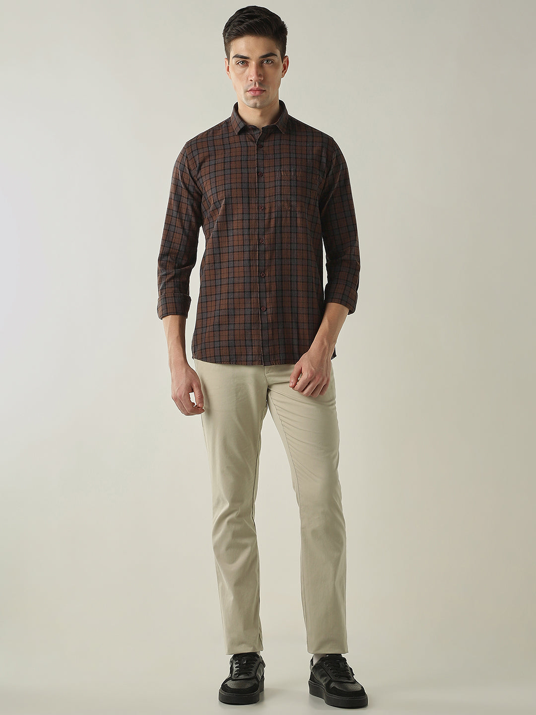 Men's Pure Cotton Checks Slim Fit Full Sleeve Casual Shirt - Brown