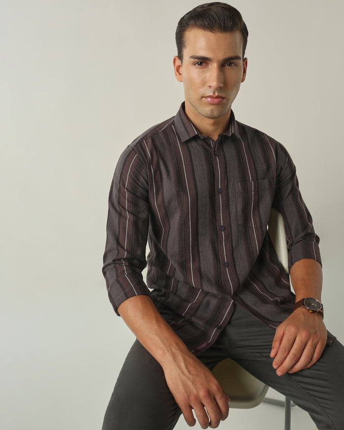Men's Pure Cotton Stripes Slim Fit Full Sleeve Casual Shirt - Brown