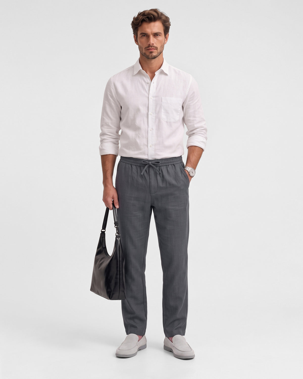 Men's Solid 100% Cotton Regular Fit Casual Trousers-Grey