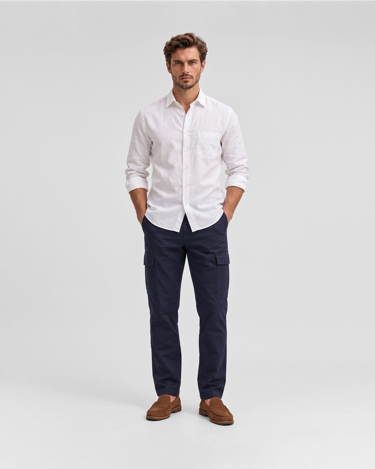 Men's Solid 100% Cotton Regular Fit Casual Trousers-Navy