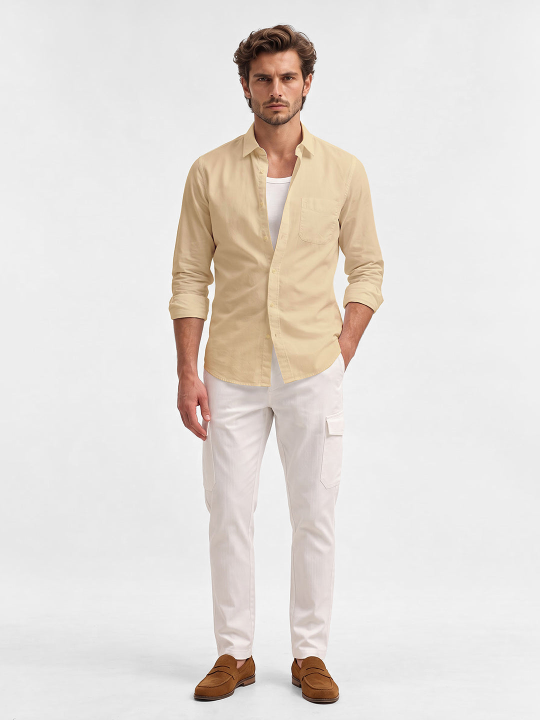 Men's Solid Pure Cotton Regular Fit Casual Trousers - White