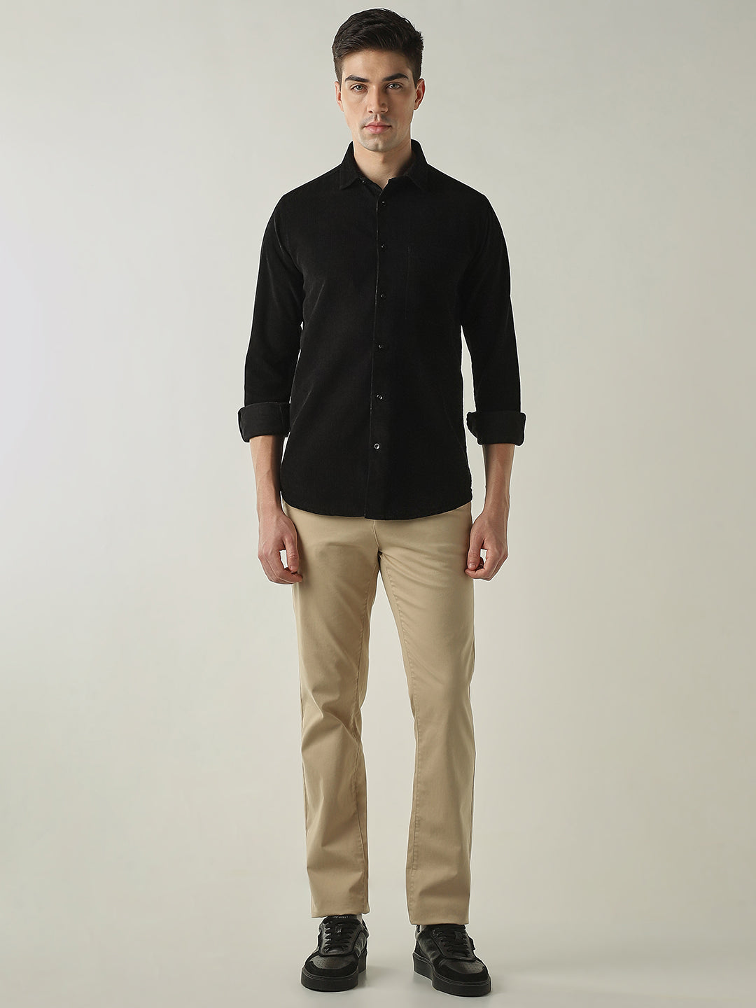 Men's Pure Cotton Corduroy Solid Slim Fit Full Sleeve Formal Shirt - Black