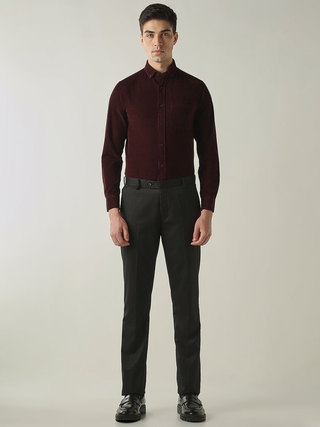 Men's Pure Cotton Corduroy Solid Slim Fit Full Sleeve Formal Shirt - Maroon