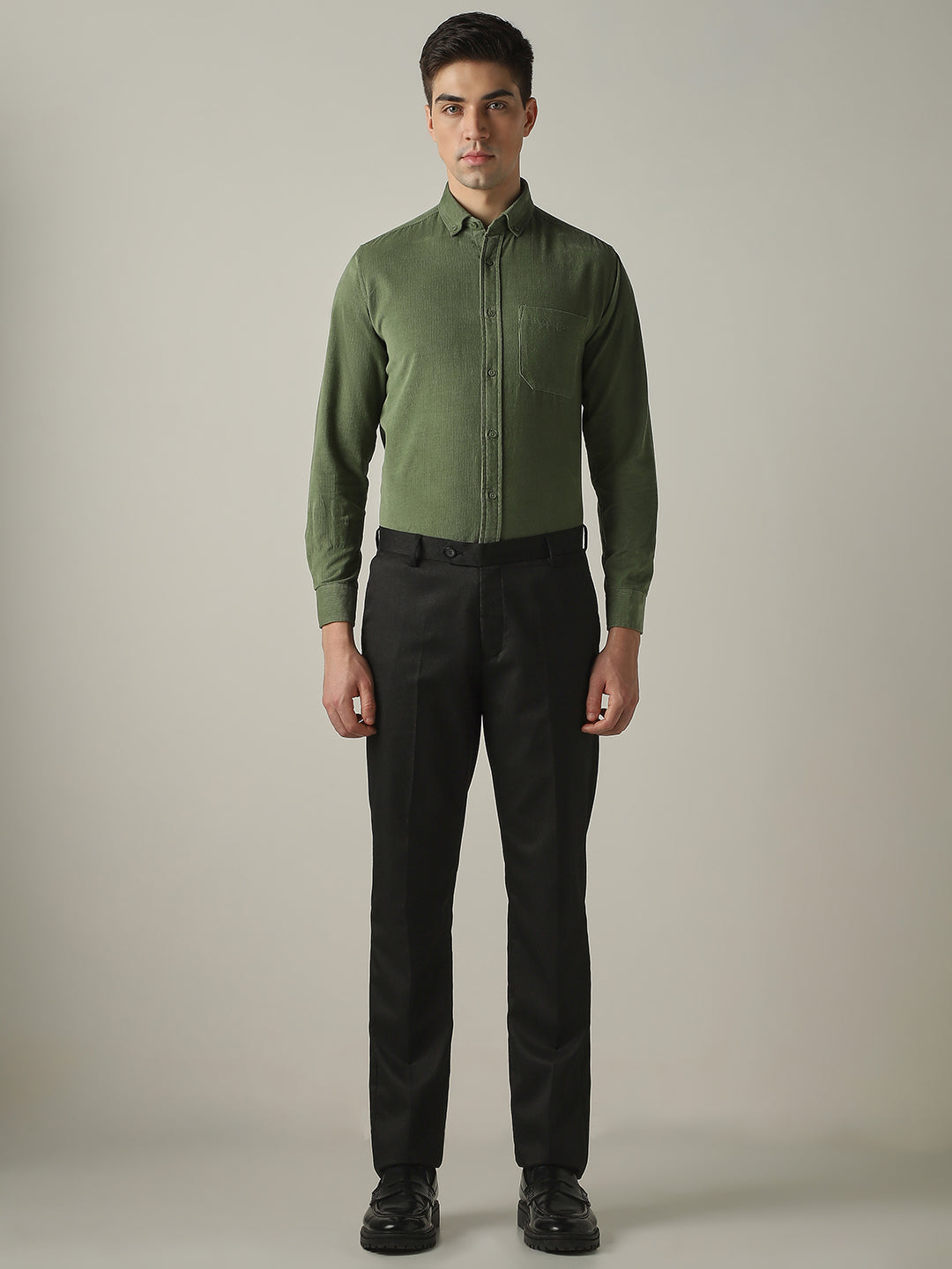 Men's Pure Cotton Corduroy Solid Slim Fit Full Sleeve Formal Shirt - Sage Green