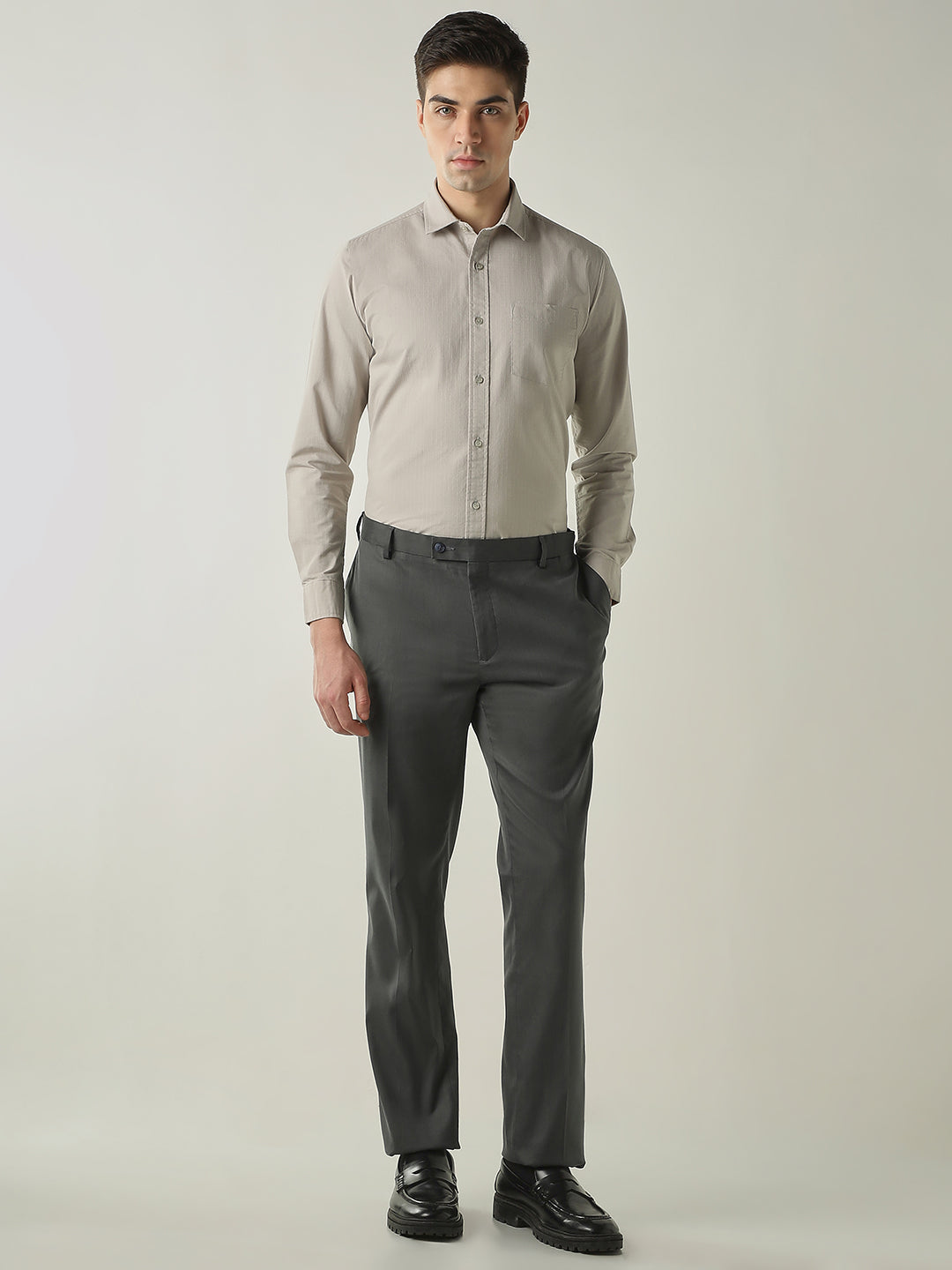 Men's Cotton Lycra Dobby Solid Slim Fit Full Sleeve Formal Shirt - Grey
