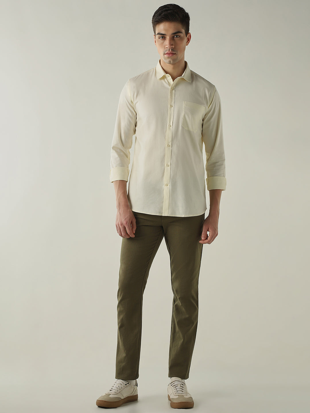 Men's Pure Cotton Herringbone Solid Slim Fit Full Sleeve Casual Shirt - Yellow