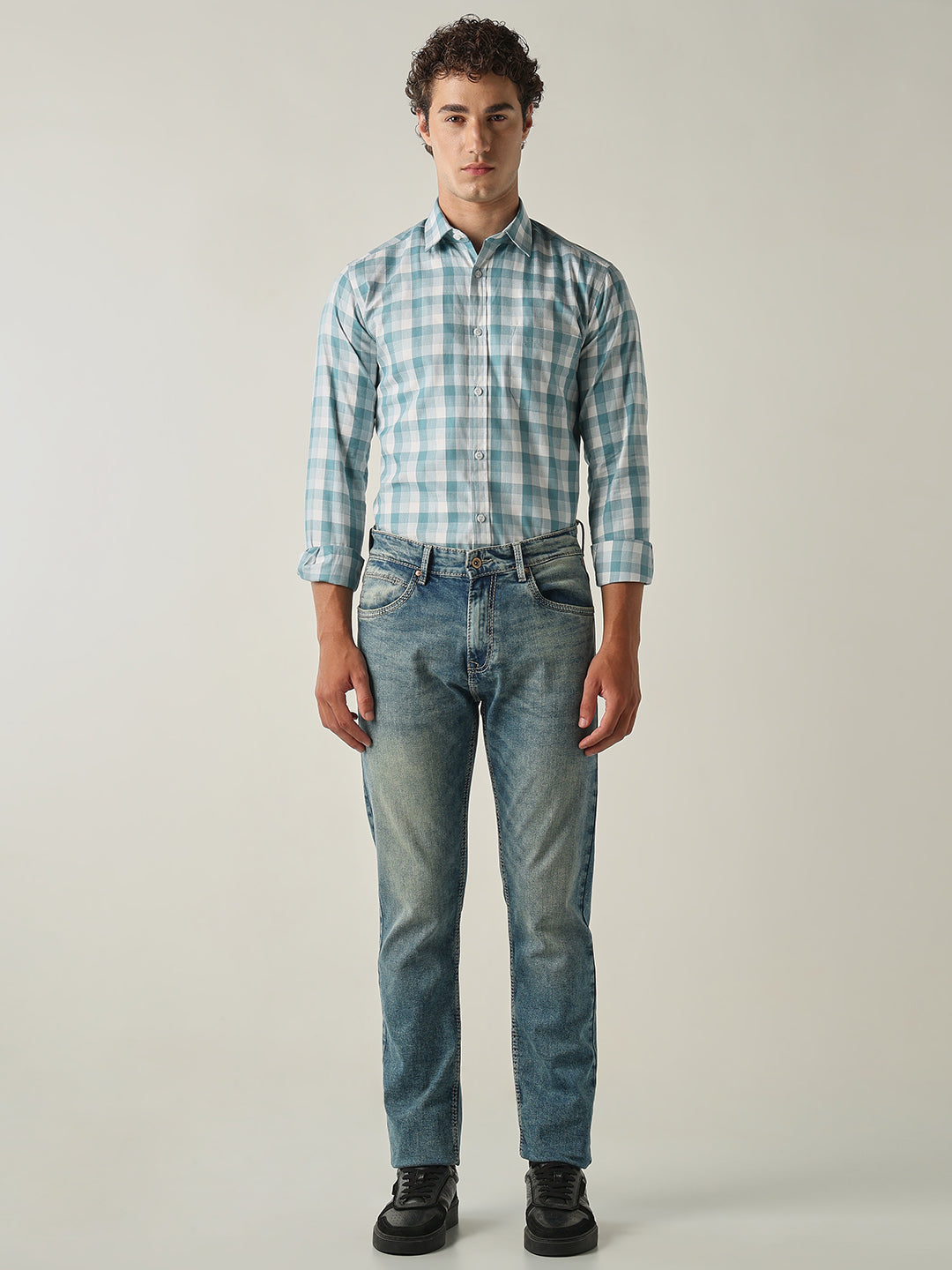 Men's Pure Cotton Checks Slim Fit Full Sleeve Casual Shirt - Green